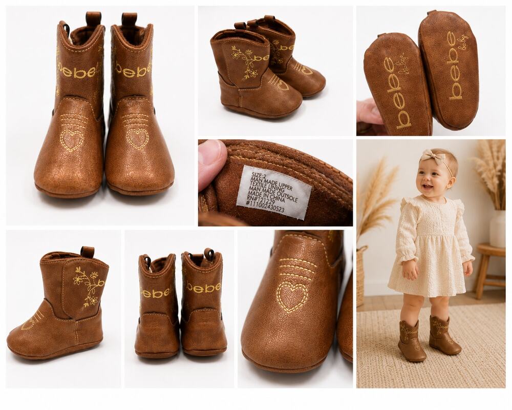 Bebe Baby Toddler Western Cowboy Boots – Brown with Gold Embroidery – Size 2